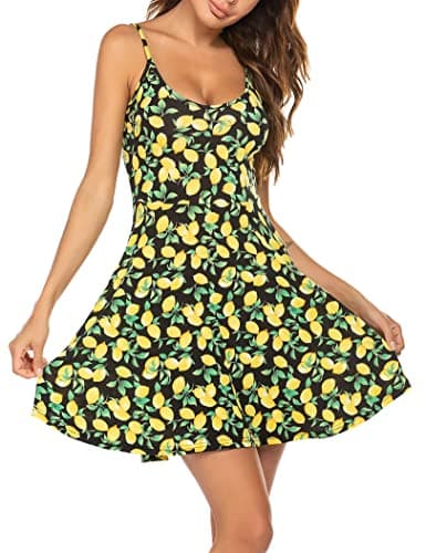 Image of UNibelle Dress Women Summer Floral Dresses Wrap Sundress Adjustable Spaghetti Ruffle Swing Dress Lemon XS