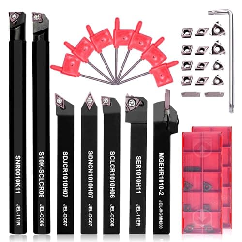 Image of Lathe Turning Tool Set, 10mm Shank Metal Lathe Cutting Tools 7-Piece for Grooving, Threading, and Semi-Finishing - Includes 2 Box Carbide Inserts (10mm)