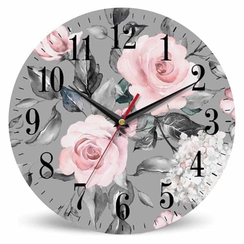 Image of Mxocom Pink Flowers and Leaves Wall Clock Artistic Watercolor Rose Flower Grey Spring 10 Inch Silent Non Ticking Battery Operated Clock Vintage Round Clock for Living Room Bedroom Bathroom Decor