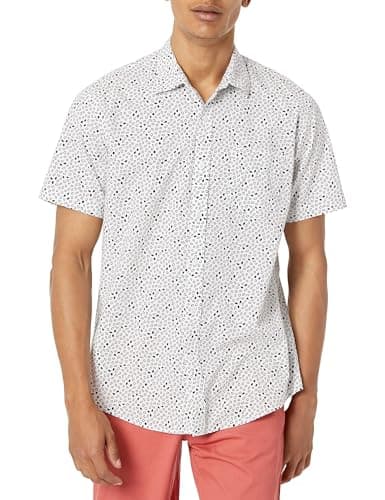 Image of Amazon Essentials Men's Regular-Fit Short-Sleeve Print Shirt, Black White Geo Print, XS