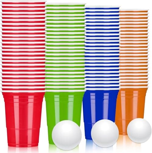Image of LATERN 100Pcs Reusable Plastic Cups, 480ml Beer Pong Cups Set with 25 Red Cup, 25 Blue Cup, 25 Green Cup, 25 Orange Cup, 10 Games PingPong Balls for Christmas New Year's Eve Wedding Party