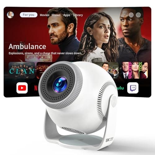 Image of Mini Projector 4K and 1080P Support, Android 14 Smart System, 8K Decoding, 480 ANSI Lumens, Wi-Fi 6 and Bluetooth 5.4, Auto Keystone, 180° Rotatable Smart Projector for Bedroom - Pearl White
