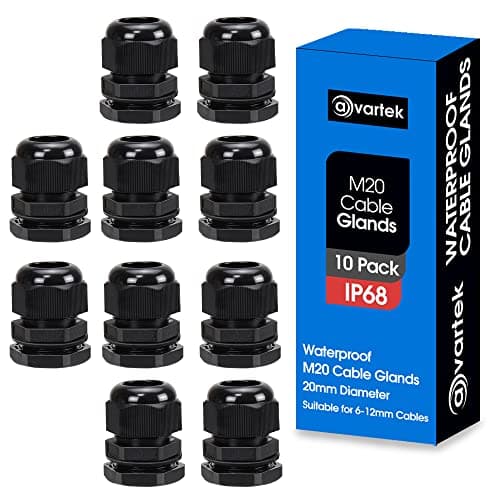 Image of 10 Pack M20 20mm IP68 Waterproof Black Cable Glands, Suitable for 6mm - 12mm Cables, Plastic Nylon Compression Glands Connectors with Locknut and Washer - AVARTEK