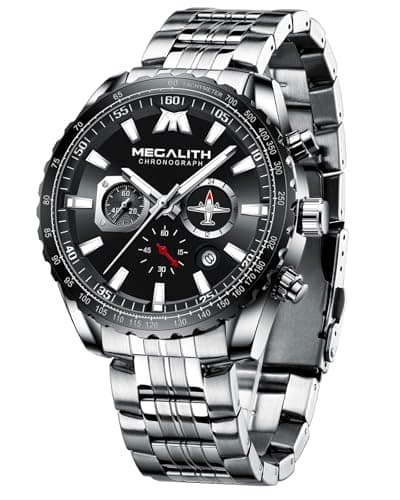 Image of MEGALITH Chronograph Watches for Men Designer: Large Face Analog Waterproof Luminous Hands with Silver Stainless Steel Strap - Business Casual Dress Wrist Watch Gifts for Men