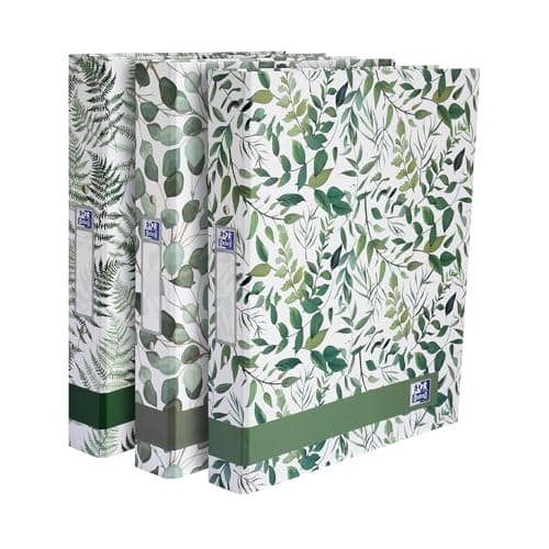 Image of Oxford A4 Ring Binders, Leaves Pattern, 3 Pack of Matte Paper-on-Board, 40 mm Spine Holds Up to 250 Sheets