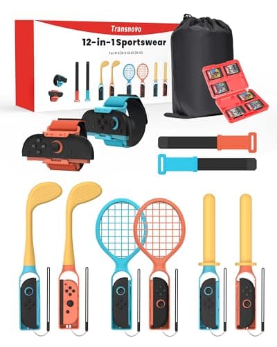 Image of TRANSNOVO 12 in 1 Switch Sports Accessories Bundle Set for Nintendo Switch/OLED/Switch 2, Sports Games Family Kit with Golf Clubs, Tennis Rackets, Swords, Wrist & Leg Straps, Carry Bag Included
