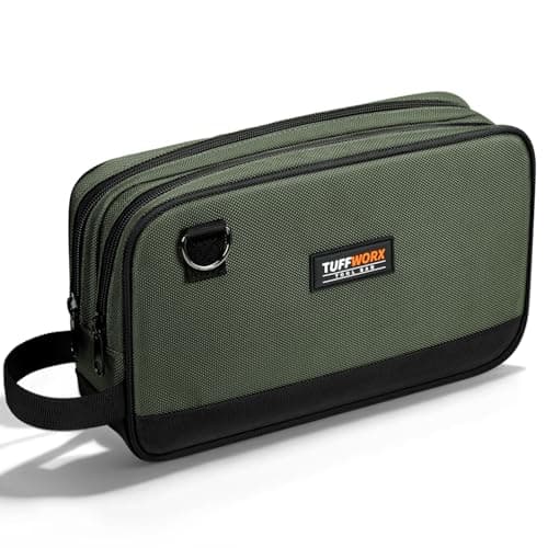 Image of TUFFWORX Small Tool Bag, Multipurpose Zippered Tool Pouch Bag with Dual Compartment, 31 x 8 x 18 cm Portable Tool Storage Organizer, Grey