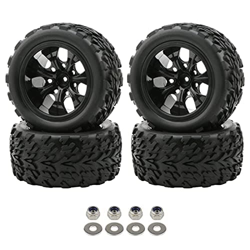 Image of Pxyelec 1:10 RC Car Rubber Tires for Monster Truck, 7 Spokes Wheel Rim Black, 4PCS High Wear-Resistant Wheels with Nuts & Washers, Compatible with Offroad Racing RC Car Parts
