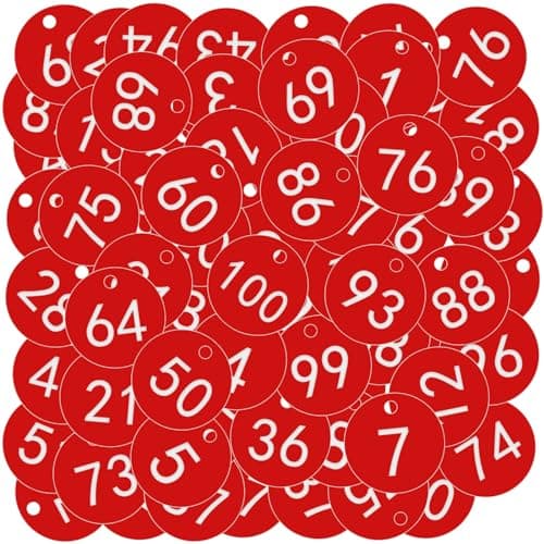 Image of OFFCUP Plastic Number Tags - 100pcs Engraved Numbered Tags (1-100 Red) for Hotel, Mailbox, Gym, School, Office