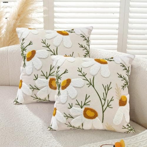 Image of Gemdoit Pack of 2 Embroidered Flower Cushion Covers 45 x 45 cm, Embroidered Floral Decorative Pillow Covers for Home Living Room, Couch, Bed and Sofa Decor (Pattern D)