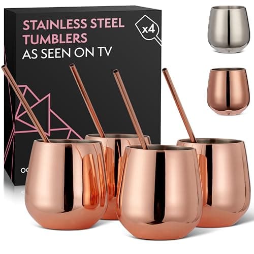 Image of Oak & Steel - 4 Elegant Stainless Steel Stemless Wine Glasses Gift Set, with 4 Reusable Straws and Cleaning Brush, Shatterproof Wine Tumblers for Gin, Cocktails, Party - 350ml (Rose Gold)