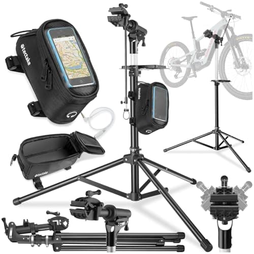 Image of tectake® Bike Repair Stand Set, Incl. Bicycle Phone Holder, for Standard Bikes & E-Bikes, Up to 50 kg, Bike Stand with Folding, Height-Adjustable Tripod Steel Frame, Tool Tray & Front Wheel Stabiliser
