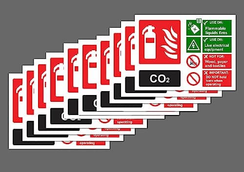 Image of KPCM Display ltd CO2 Fire Extinguisher ID Safety Sign 150mm x 100mm (Pack of 10 Signs) - Red Vinyl Sticker