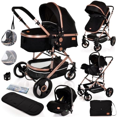 Image of Baby Buggy Pram Pushchair 3 in 1 with Car Seat Child Lightweight Folding Stroller One Size Fits All 3 in 1 Travel System Pram for Newborns & Toddlers 0-36 Months from Birth (Black - Rose Gold Frame)
