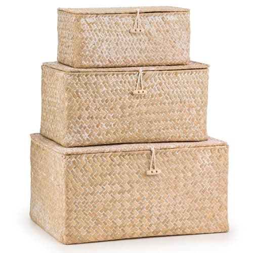 Image of Woodluv Set of 3 Seagrass Storage Box with Lid, Lightweight Woven Basket for Shelves, Lidded Organiser Hamper Baskets, Natural