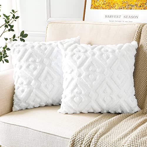 Image of Artscope Pack of 2 Soft Plush Short Wool Velvet Decorative Cushion Covers Luxury Style Throw Pillow Covers European Pillow Shell for Sofa Bedroom Diamond Shape White, 55x55cm