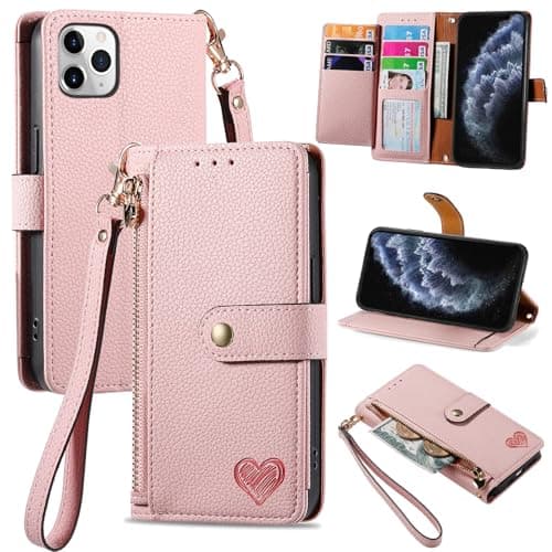 Image of VEEMOS Zipper Wallet Case for Apple iPhone 11 Pro Max Phone Case with Purse Card Holders RFID Blocking Leather Flip Case Book Cover Wrist Strap Women - Pink