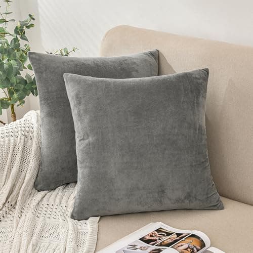 Image of AMFUN Set of 2 Velvet Cushion Covers, Gray 45 x 45 cm Luxury Velvet Square Throw Pillow Cases, Decorative Throw Pillowcases with Invisible Zipper, for Livingroom Sofa Bedroom