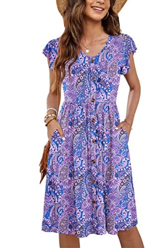 Image of MOLERANI Women Summer Dresses Ruffle Sleeve V Neck Casual Swing Elastic Waist Midi Dress with Pockets Deep Paisley Floral Purple S