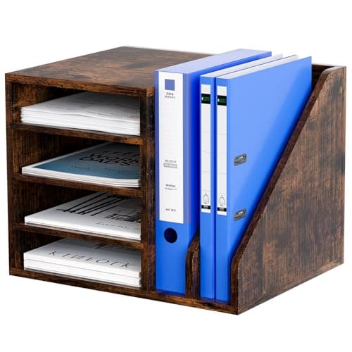 Image of EasyPAG 6 Compartments Wooden A4 Desk Tray,File Holder,Paper Organiser,Magazine Storage,Filing Rack for Office & Home Desktop Tidy,Brown