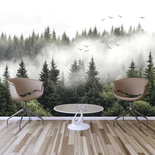 Image of Custom Size Wall Murals,Misty Forest Birds Mural Self-Adhesive Removable Wall Covering Fabric, Large Photo Wallpaper for Living Room Bedroom Kitchen Office Kids.