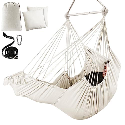 Image of Chihee Hammock Chair Hanging Chair with Foot Rest 2 Cushions Max 550lbs Robust Metal Spreader Bar Collapsible Easy Storage Soft Cotton Swing Chair Strong Strap Iron Carabiner Side Pocket Included