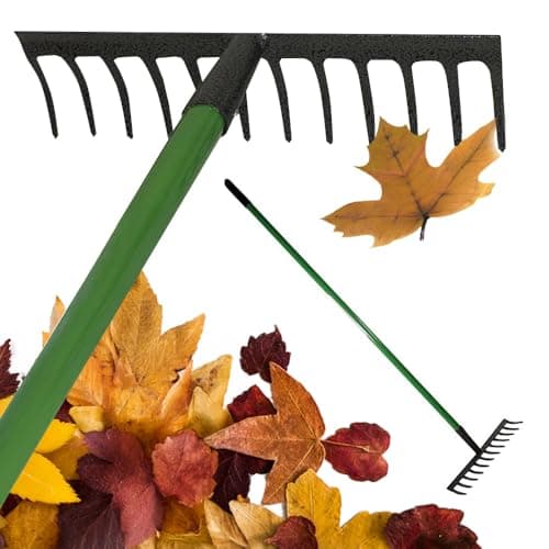 Image of 12 Teeth Lawn Rake with PVC Grip - Shaft Garden Handle Leaf Metal Head Carbon Steel Heavy Duty Raker | Gardening Hand Tool | for Raking, Weed Removal and for Working the Soil Grass Leaves
