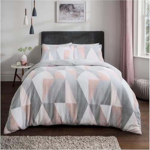 Image of Sleepdown Geometric Teddy Fleece Thermal Warm Cosy Super Soft Duvet Cover Quilt Bedding Set with Pillow Cases - Blush Pink - King (220 cm x 230 cm)