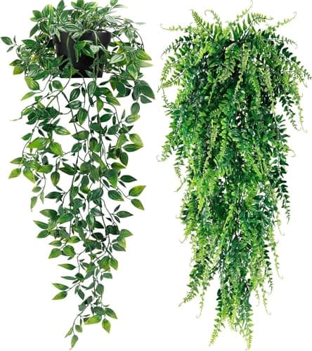 Image of Toprooms 2pcs Fake Hanging Plants, Artificial Potted Plants for Indoor Outdoor Aesthetic Office Living Room Shelf Decor (2 Pack-Black Pot)