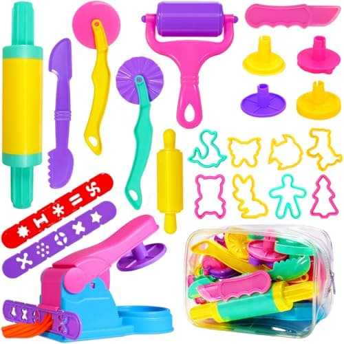 Image of Jiosdo Dough Tools and Cutters, 22 Pcs Dough Tools Sets for Kids Toddlers, Plastic Accessories Clay Extruders Rollers Molds with Storage Bag, Creation Educational Toy Gift Set