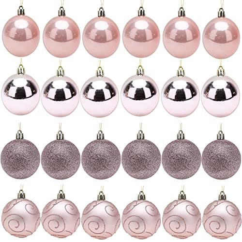 Image of Toyland® Pack Of 24-6cm Christmas Tree Baubles - Glitter, Shiny Matte and Glitter Swirl Designs - Christmas Decorations (Rose Gold)