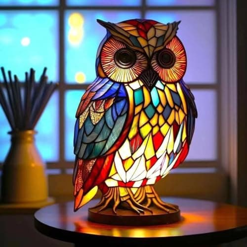 Image of Yinhamnl Retro Stained Glass Owl Night Light Lamp for Bedroom Living Room Dining Room Nursery Office Home Decoration