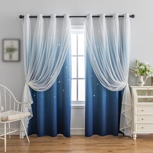 Image of indistar Colourful Stripe Star Cut-Out Blackout Curtains for Bedroom,2 Layers Mix Design of Fabric & Tulle,Pretty Window Curtain for Kids Room 1 Panel (W52 x L63 Dark Blue)