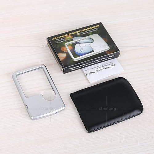 Image of Pocket Magnifier with LED Light 3X 6X Double Lens Handheld Magnifying Glass Card Sized with Leather Case Glass for Reading Battery included