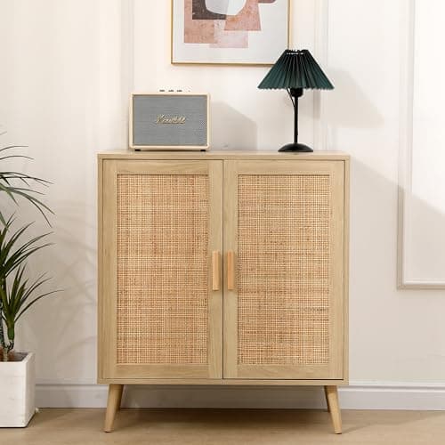 Image of CFDZ CF Furniture Wooden Sideboard with 2 Doors Storage Unit Cuoboard Freestanding Storage Cabinet with Weave Natural Wood Grain Finish for Living Room Kitchen Dining Room