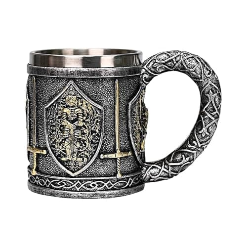 Image of Beer Tankard | Knight Mug | Stainless Steel Medieval Mug | 450 ml Stainless Steel, Design Tanks for Medieval Themed Tanks for Beer, Wine, Coffee | Norse Mythology D