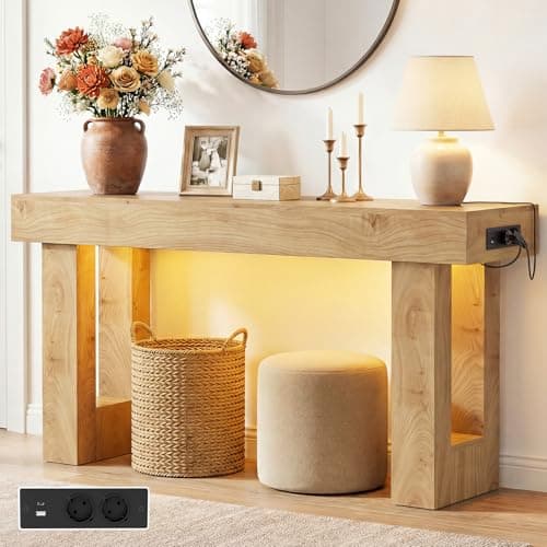 Image of Console Table with Outlets & Motion Sensor LED, 120cm Narrow Behind Couch Sofa Table with USB Ports, Modern Hallway Entryway Table with Storage Space for Entrance Hall, Living Room, Natural Oak