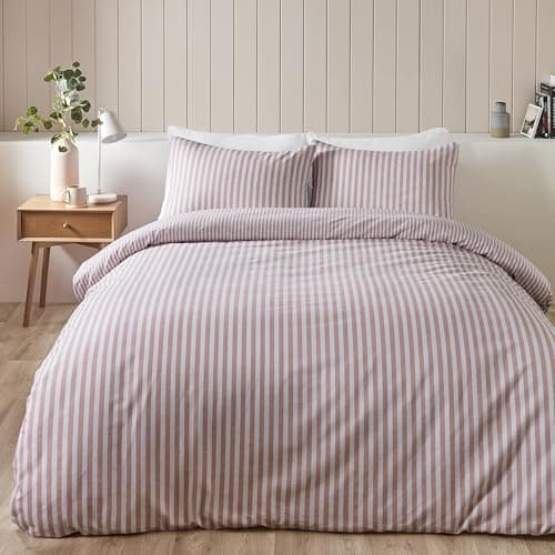 Image of Catherine Lansfield Brushed Stripe Cotton Reversible King Duvet Cover Set with Pillowcases Blush Pink