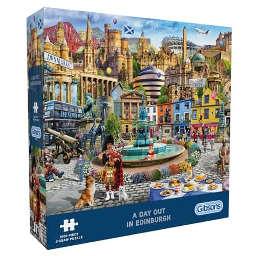 Image of Gibsons A Day Out in Edinburgh 1000 Piece Jigsaw Puzzle for Adults - Iconic City Landmarks Artwork by Adrian Chesterman, Premium Sustainable Puzzle Made in the UK/EU - Great Gift