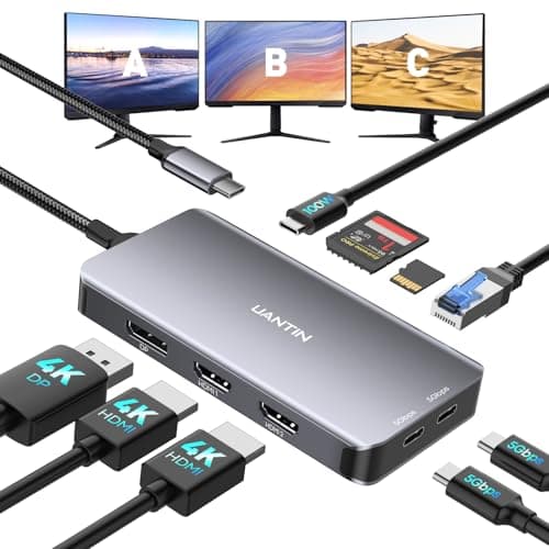 Image of UANTIN USB C Docking Station Dual Monitor, Laptop Docking Station 3 Monitors Triple 4K 60Hz Display with 2 HDMI, DisplayPort, 1Gbps Ethernet, 100W PD, 2 USB-C Data, USBC Dock for Dell, HP, Lenovo, etc