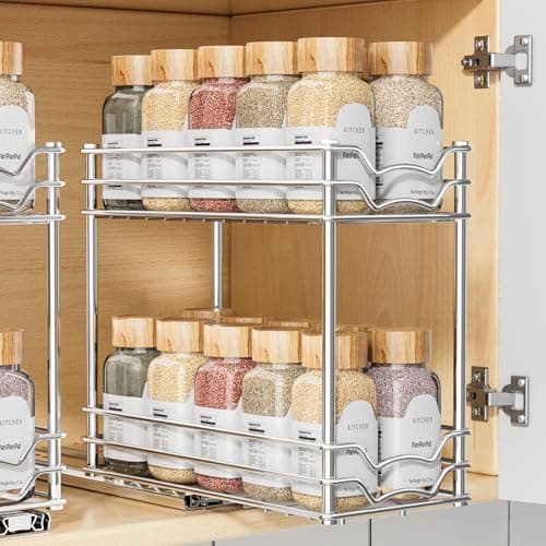 Image of PanPanPal Pull Out Spice Rack Organizer for Inside Cabinet, 2 Tier Slide Out Spice Organization for Cabinet, Chrome Vertical Sliding Seasoning Organizer, 4.9'' Wx10.4'' Dx9.5'' H
