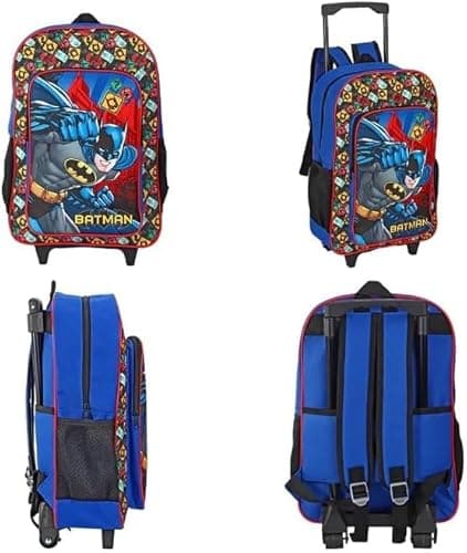 Image of GIFTIDEAZZ Kids Wheeled Trolley Backpack - Foldable Suitcase Rucksack with Favorite Character Designs - Travel Carry-on Luggage for Children (Deluxe Blue Batman Trolley)