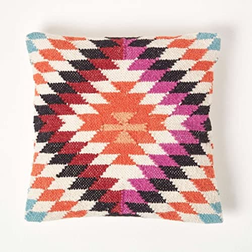 Image of HOMESCAPES Handmade Kilim Cushion Orange & Pink Cushion with Feather Filling 45 x 45cm (18 x 18”) Traditional Indian Heavyweight Handwoven Embroidered Wool & Cotton Cushion Cover with Feather Insert