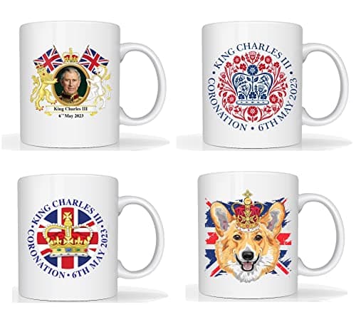 Image of Star Online Pack of 4 King Charles Coronation Mugs Emblem III 11oz Mug Cup Commemorative Souvenir Gift His Majesty 6th May 2023