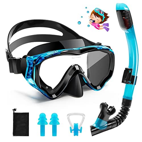 Image of HIKOTEY Children's Snorkel Set,Panoramic Wide View Diving Mask,Snorkeling Gear Anti-Leak and Anti-Fog Tempered Glass Lens,Dry Snorkel Tube,Includes Earplugs and Nose Clip for Age 4-16 Years(Blue+Black