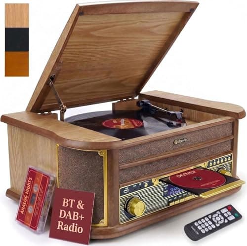 Image of Denver 10-in-1 Retro Vintage DAB Bluetooth Wooden Radio Record Player With Speakers – DAB+ Radio, FM, Record Player, Cassette & CD Player, AUX IN, MP3 USB Recording, AUX IN And Line Out - MRD-51BT