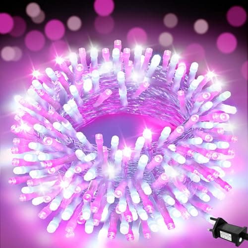 Image of FFZZKJ Pink Christmas Lights 200 LED Pink Fairy Lights for Bedroom 66Ft/20M with Timer IP44 Waterproof String Lights Mains Powered for Christmas Decorations, Bedroom Decor, Pink&White