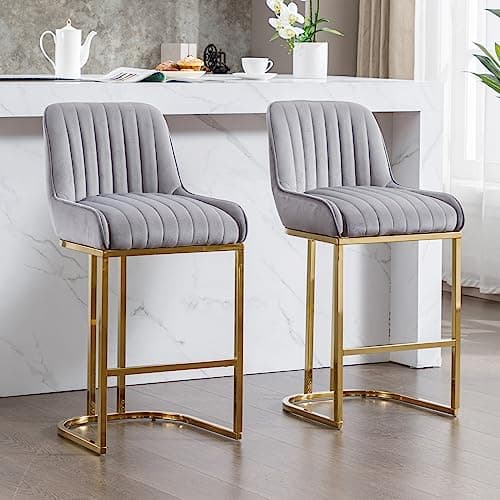Image of Ya-Home Set of 2 Velvet Bar Stools with Backrest & Golden Base, Kitchen Breakfast Counter Chairs for Home Bar, Gray