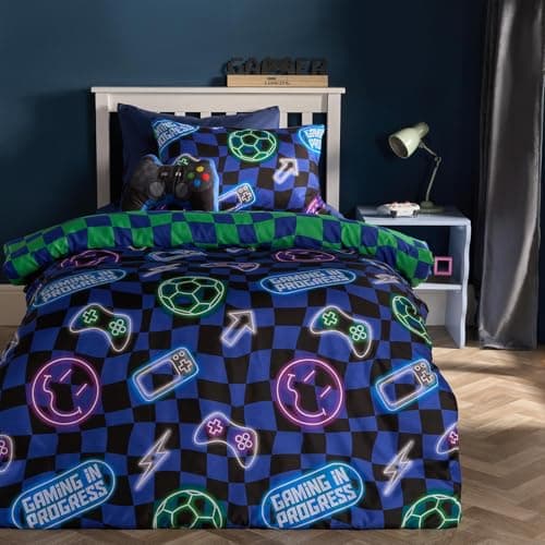 Image of OHS Neon Checkerboard Boys Bedding Double Quilt Cover, Gaming Gifts for Boys Super Soft Cosy Warm Microfibre Kids Double Duvet Set Reversible Checkerboard Kids Bedding with Pillowcases, Blue