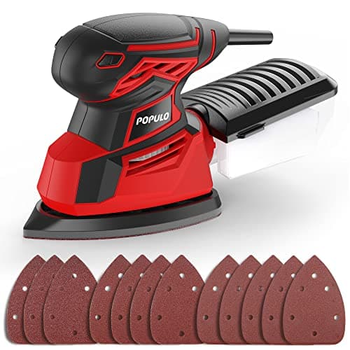 Image of POPULO Electric Mouse Sander, 130W 14000RPM 230V Detail Sander with 12Pcs Sandpapers, Hand Sanders for Wood with Dust Collector, Compact Sanding Machine PEMS-140